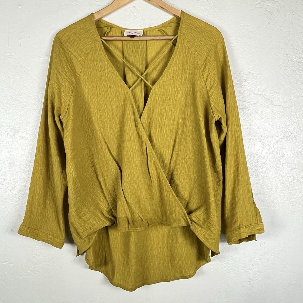 Alythea M Mustard Gold Crinkle Wrap Blouse High Low Boho Rayon Top - Picture 2 of 13